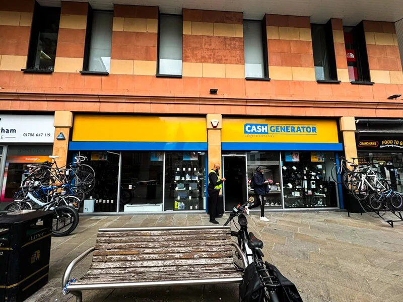 An image of the yellow and blue Cash Generator exterior signage.